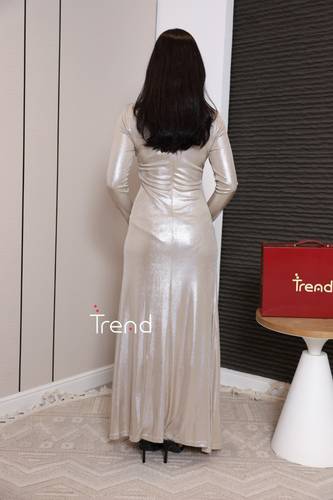 فستان سهره بيج طويل بلمعه  - 2XL