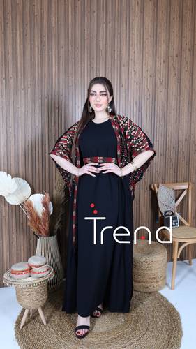 جلابية قطعتين طويل بتطريز فخم وحزام - 2XL