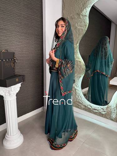 جلابية قطعتين مطرزة بطرحة (اخضر) - 2XL