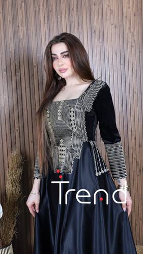 جلابية طويل مطرزة مع طرحة (سودا) - 3XL
