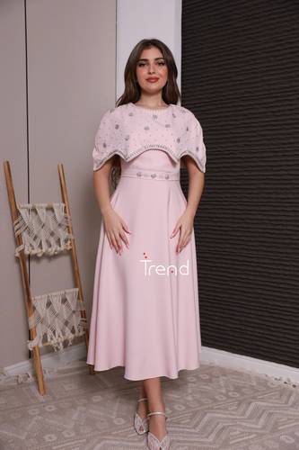 فستان ميدي وردي أنيق بتطريز لؤلؤ وكريستال - XL