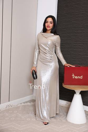 فستان سهره بيج طويل بلمعه  - 2XL