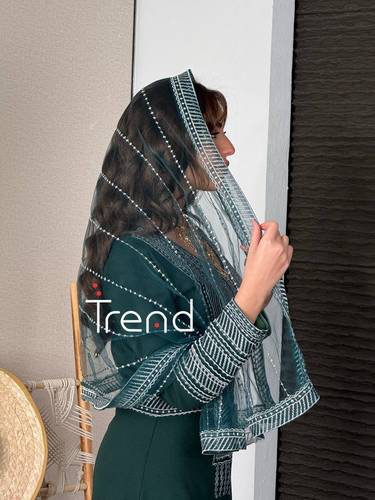 فستان اخضر بتطريزات فضي مع طرحة راس - XL