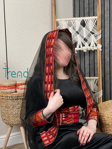 جلابية مخمل مطرزة بطرحة راس - 3XL