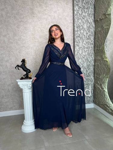 فستان كحلي ساتر بأكمام شفافة - 2XL