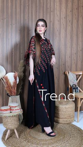 جلابية قطعتين طويل بتطريز فخم وحزام - 2XL