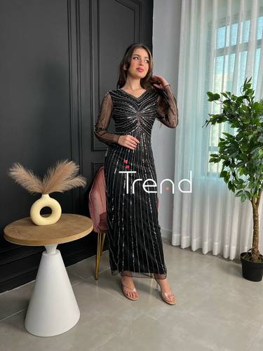 فستان سهرة مخطط فصوص فضية  - 2XL