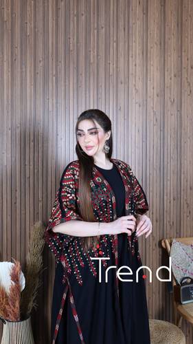 جلابية قطعتين طويل بتطريز فخم وحزام - 2XL
