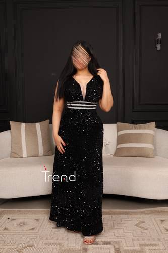 فستان سهرة اسود بخطوط ابيض  من المنتصف  - 2XL