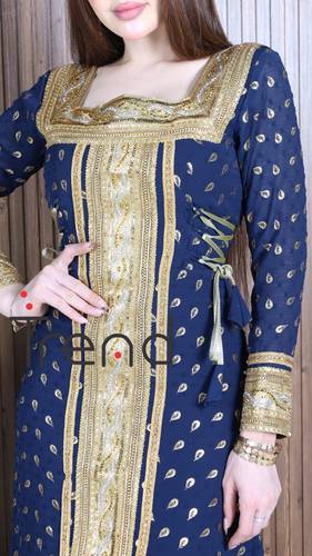 جلابية كحلي طويل بتطريزات ذهبية - 3XL