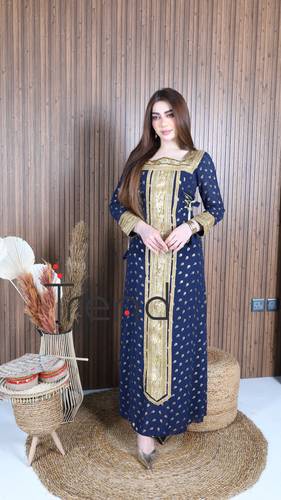 جلابية كحلي طويل بتطريزات ذهبية - 3XL