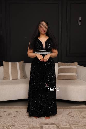 فستان سهرة اسود بخطوط ابيض  من المنتصف  - 2XL