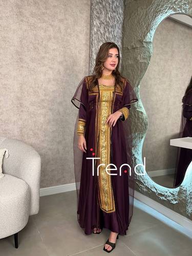 جلابية طويل قطعتين مطرزة (موف) - M