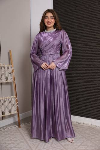 فستان انيق بلون موف مزين بورده على الخصر - 2XL
