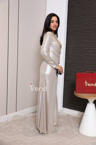 فستان سهره بيج طويل بلمعه  - 2XL