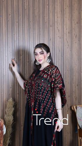 جلابية قطعتين طويل بتطريز فخم وحزام - 2XL