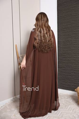جلابية مطرزة قطعتين بحزام لون موكا - 2XL