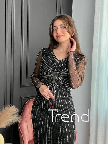 فستان سهرة مخطط فصوص فضية  - 2XL