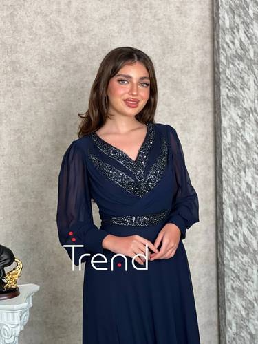 فستان كحلي ساتر بأكمام شفافة - 2XL