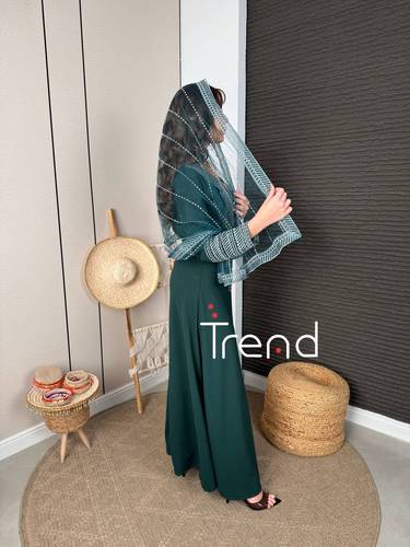 فستان اخضر بتطريزات فضي مع طرحة راس - XL