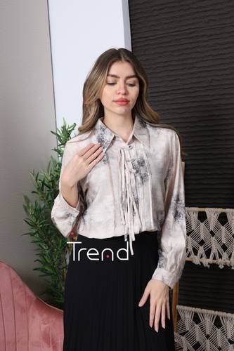 بلوزة مزخرفة رمادي مع ربطة أمامية أنيقة - XL