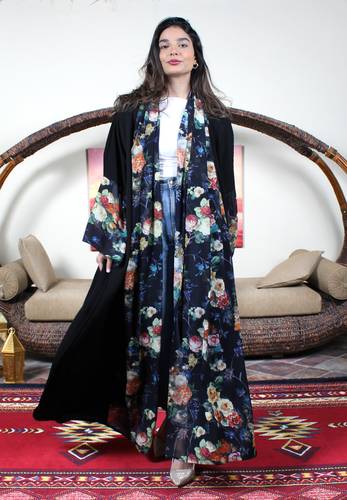 Silk abaya with blue chiffon edges