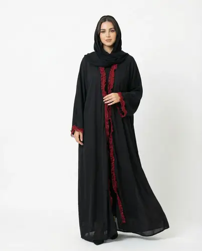 Black summer silk abaya with red lace trims