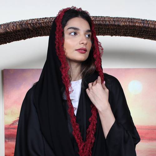Black scarf with red lace edges