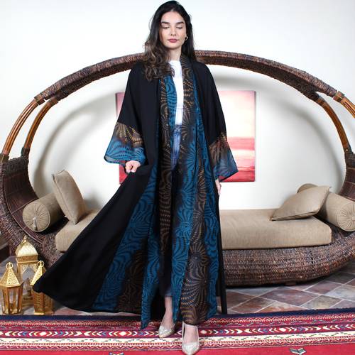 Black silk abaya with chiffon details
