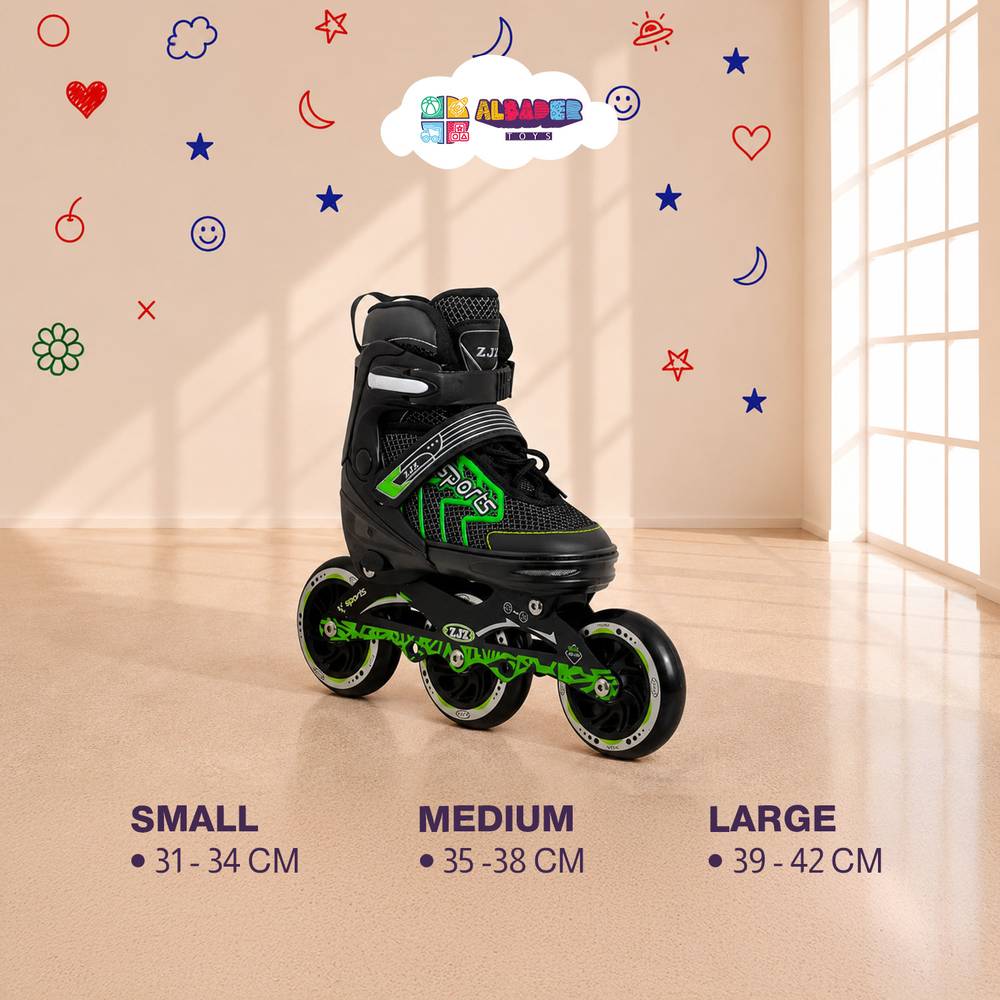  سكيت شوز إنلاين للأطفال 3 عجلات – حذاء تزلج بفرامل ومقاس قابل للتعديل | البدر للألعاب 