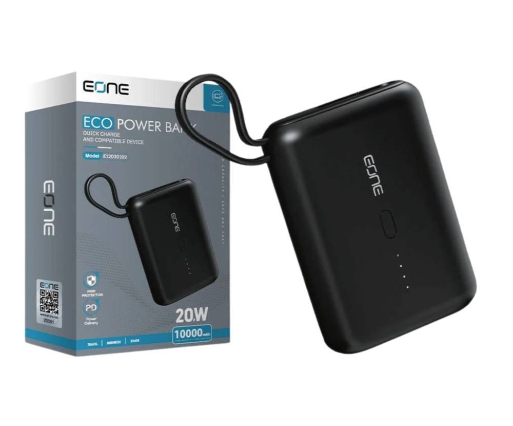 اي ون | بطارية متنقلة ( Eco Power Bank)بسعة 10,000 مللي أمبير مع كيبل تايب سي وكيبل لايتنيغ مدمج ومنفذ يو اس بي ومنفذ تايب سي - اسود
