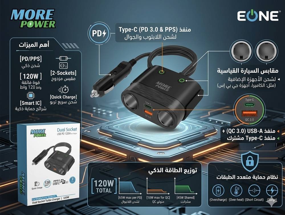 مور بور شاحن سيارة مور باور 120 واط - مقبس مزدوج تربو