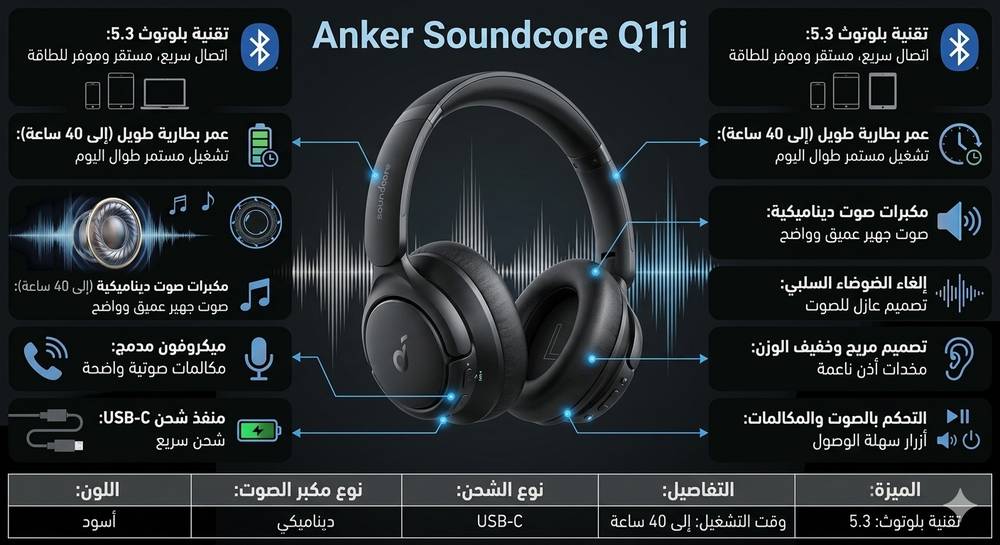 أنكر ساوندكور Q11i سماعة رأس لاسلكية بتقنية بلوتوث 5.3 - اسود