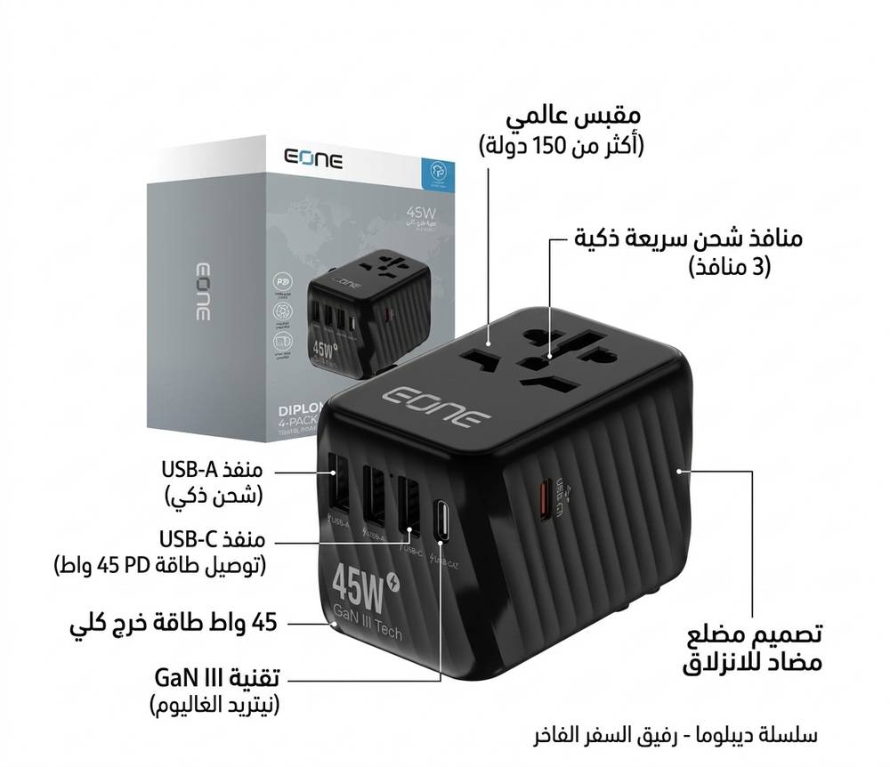 اي ون شاحن جداري بثلاث منافذ يو اس بي ومنفذين تايب سي PD بقوة 45 واط - لون اسود