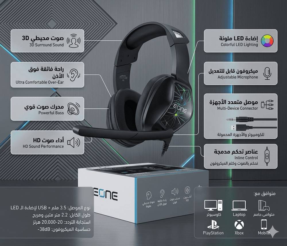 اي ون ستيرو قيم سماعة الألعاب بصوت محيطي وإضاءة LED