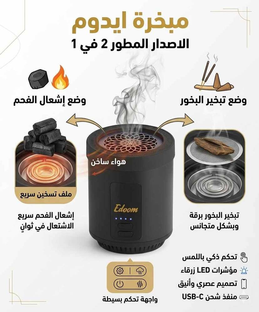 مبخرة ايدوم k39 الاصدار المطور 2 في 1 لإشعال الفحم السريع ولا اشعال البخور بشكل منفصل 