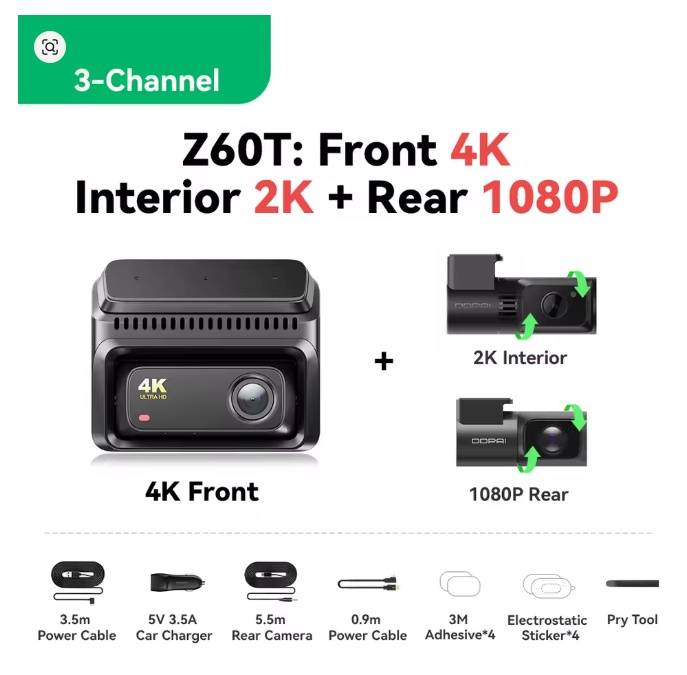 داش كام DDPAI Z60T | نظام 3 قنوات (4K + 2K + 1080P) + مراقبة 24 ساعة + GPS مدمج