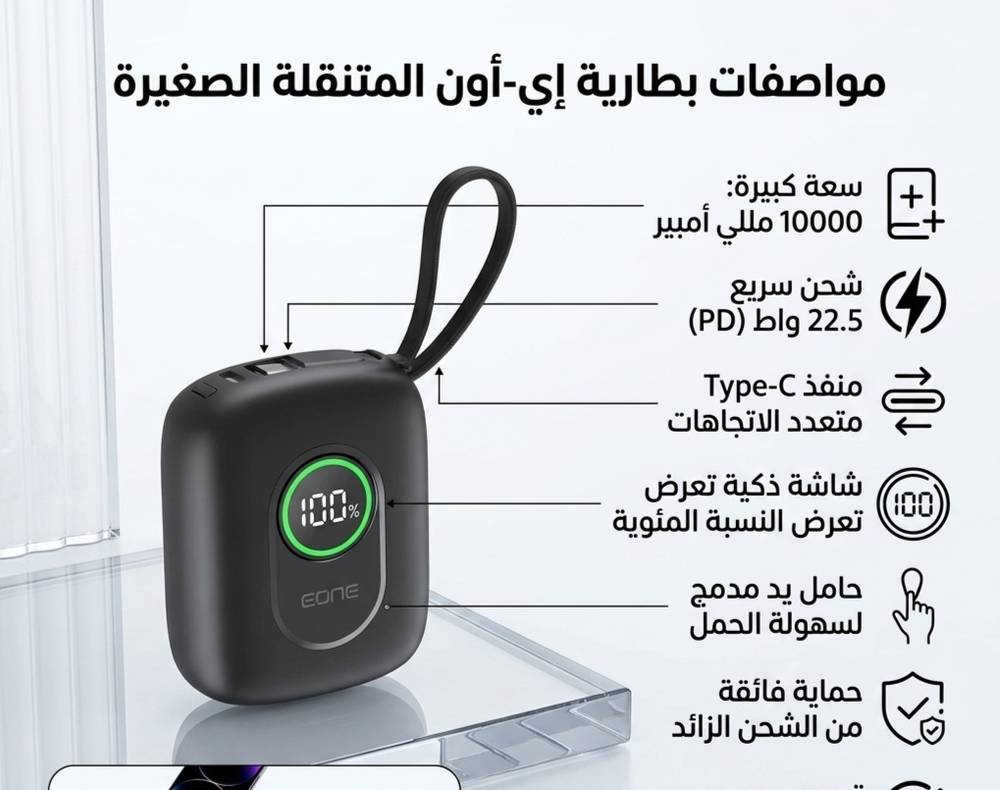 اي ون Tiny بطارية متنقة سعة 10000 الاف ملي مع كيبل تايب سي وكيبل لايتنيغ مدمج وسرعة شحن 22.5 واط - ابيض