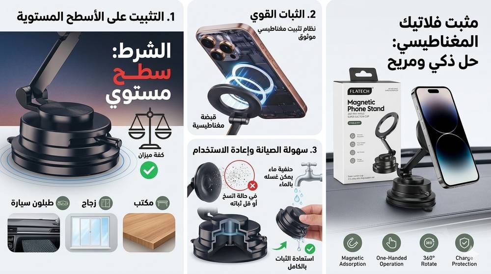فلاتيك مثبت جوال شفط مناسب للجميع الاسطح المستوية وقابل للدوران 360 درجة