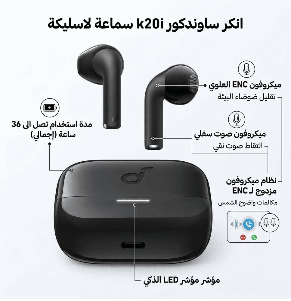 انكر ساوندكور k20i سماعة لاسليكة بميكروفونان ENC لإجراء مكالمات واضحة ومدة استخدام تصل الى 36 ساعة 