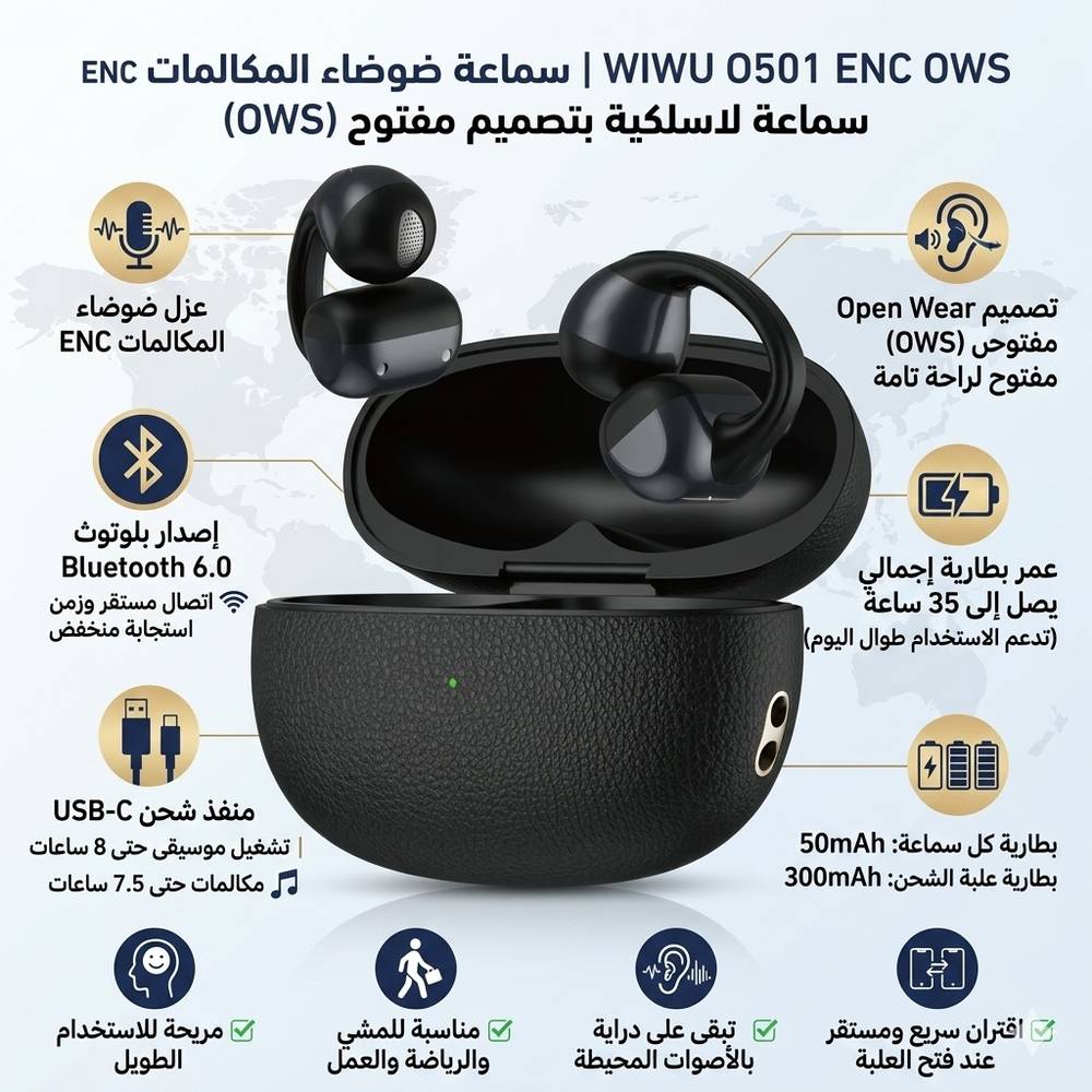 ويوو ENC OWS O501 سماعة لاسلكية بتصميم مفتوح للأذن مع عزل ضوضاء المكالمات وبلوتوث 6.0- لون اسود