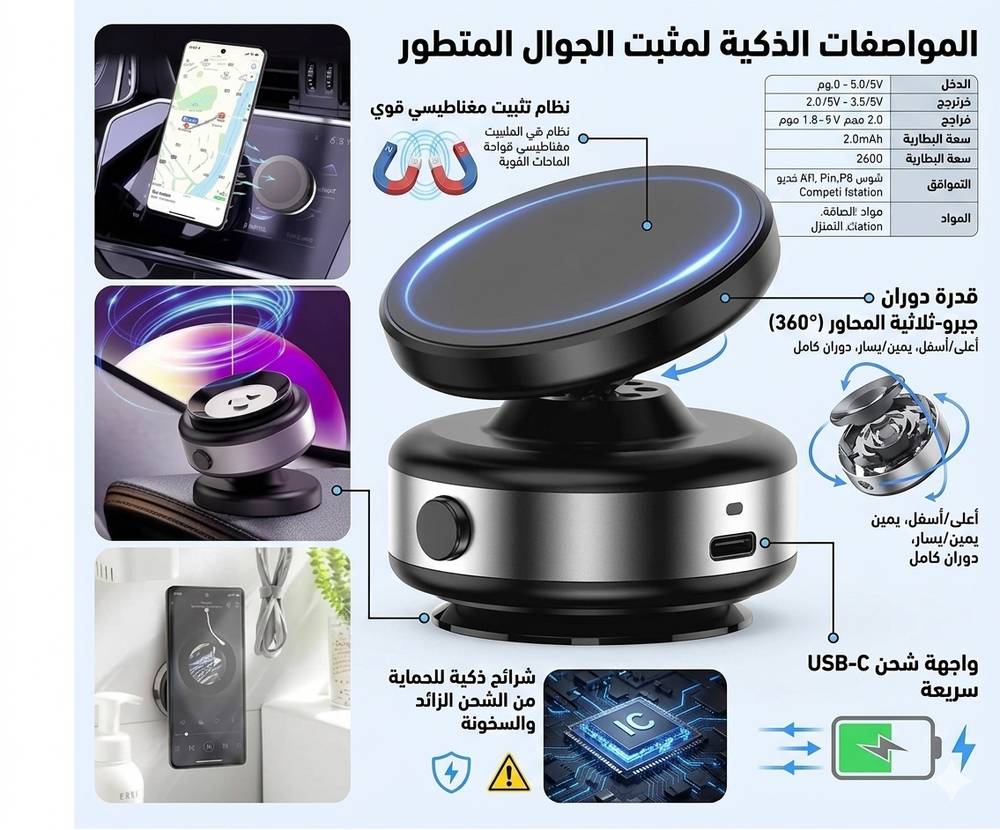مثبت جوال مغناطيسي ذكي مع شحن سريع ودوران 360 درجة 
