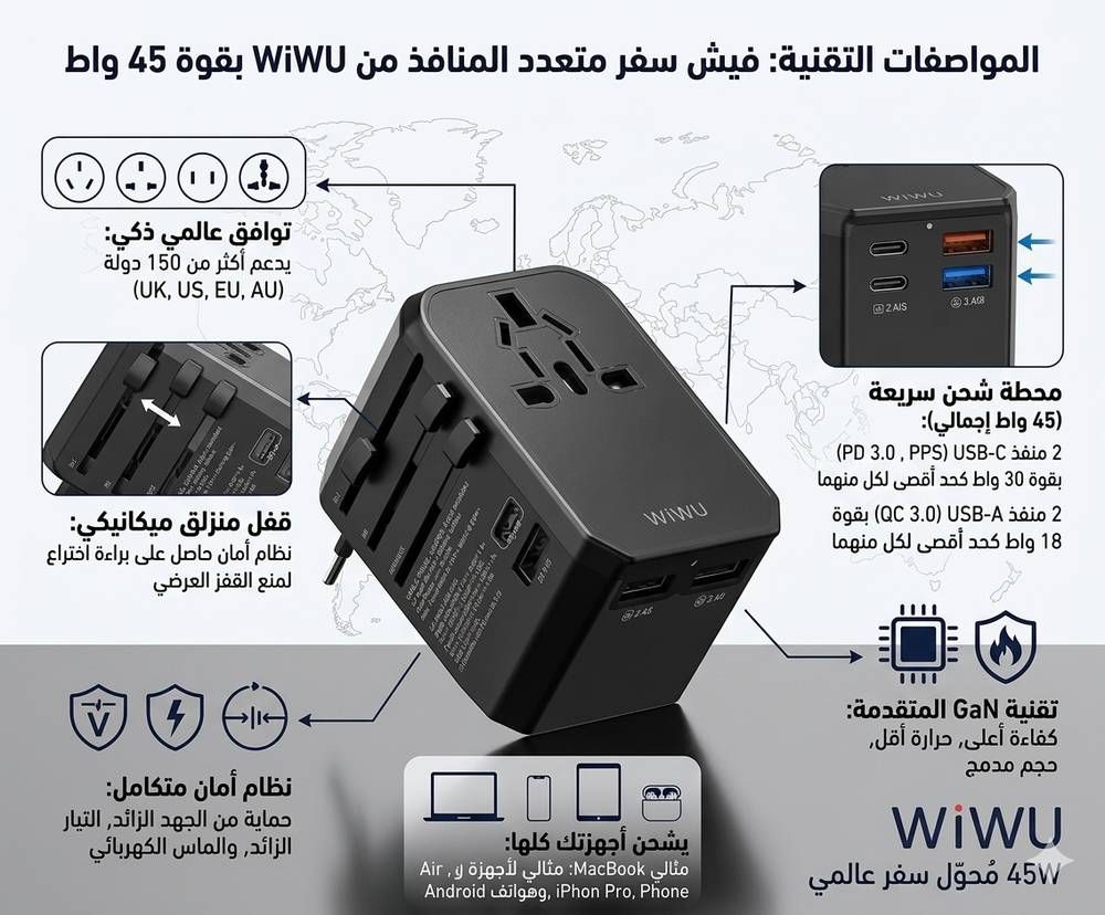 ويوو فيش سفر جداري بقوة 45 واط مزود ب 4 منافذ شحن سريع