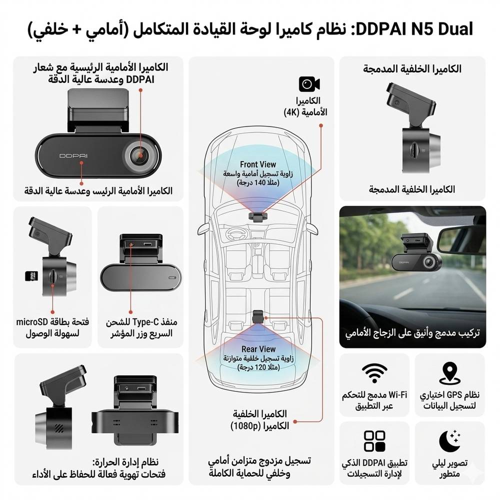 داش كام DDPAI N5 Dual بنظام تصوير مزدوج (أمامي وخلفي) - تصوير أمامي 4K وخلفي 1080p مع واي فاي
