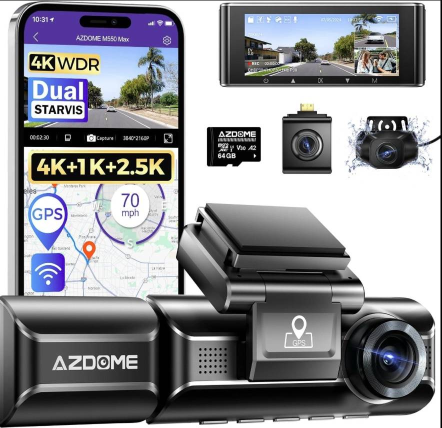  كاميرا داش كام AZDOME M550 MAX ثلاثية القنوات بدقة 4K/2.5K مع نظامي STARVIS و GPS