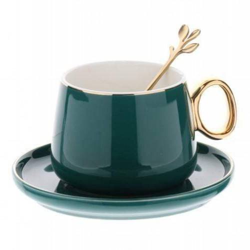 3-Piece Ceramic Cup And Saucer Set Green/White/Gold