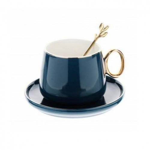 3-Piece Ceramic Cup And Saucer Set Blue/White/Gold