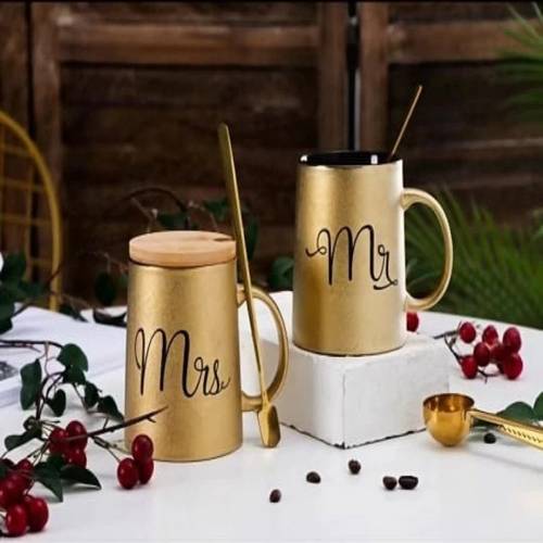 Golden Ceramic Mug And Spoon With Wooden Lid Gold
