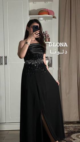 فستان شيفون مع تفته مطرز - S - اسود