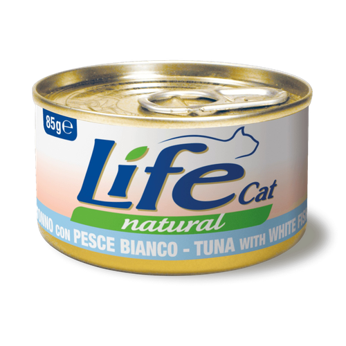 معلبات life cat تونا مع السمك الابيض 85غ